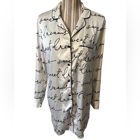 Victoria's Secret Other - Victoria's Secret Nightgown Small White Satin Long Pajama Shirt Black Script